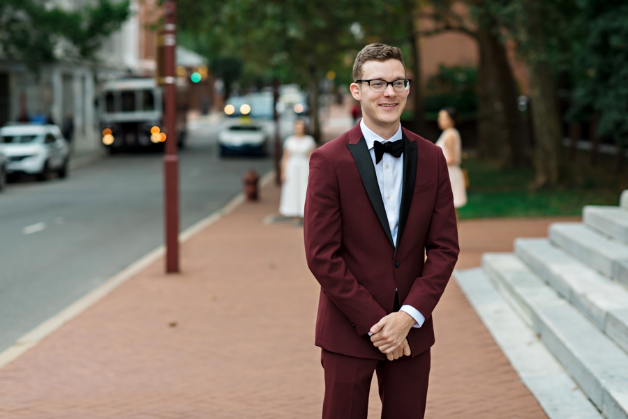 A groom waits for his bride before their first look on their Philadelphia wedding.